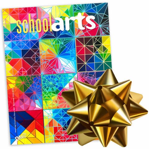 Cover of art education magazine SchoolArts with a gold bow on it