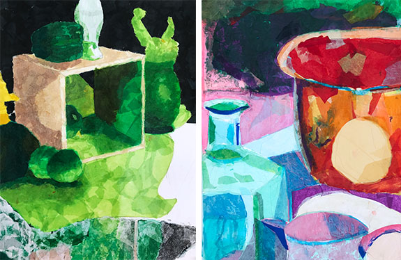 High-school students investigate shape-based thinking and color theory while creating still-life "paintings" with tissue paper.