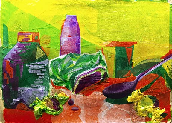 High-school students investigate shape-based thinking and color theory while creating still-life "paintings" with tissue paper.