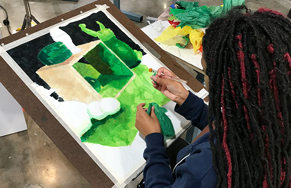 High-school students investigate shape-based thinking and color theory while creating still-life "paintings" with tissue paper.