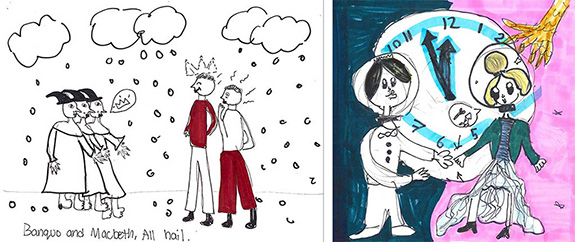 Illustrated scenes from Shakespeare's Macbeth and Interstellar Cinderella, from The Illustration Game, SchoolArts, December 2024.