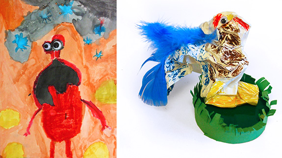 Left, Justin, ink stain transformed into an extraterrestrial being. Right, Brad, crumpled paper transformed into a rooster sculpture.