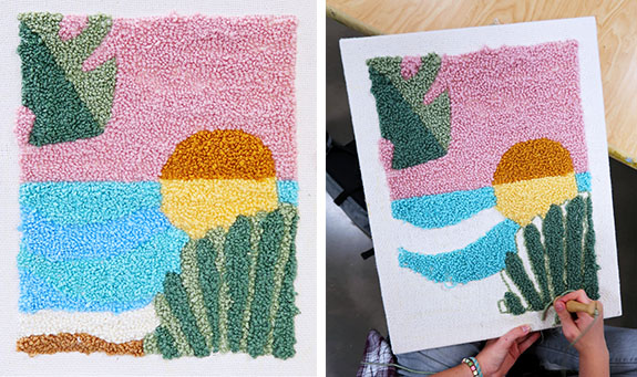 Left: Emily H., eco-inspired punch-needle canvas. Right: Emily H., punch-needle canvas in progress.