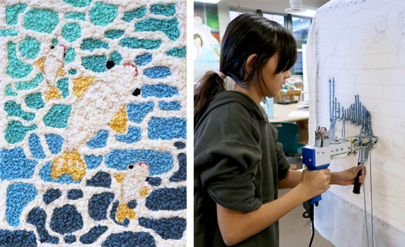 Left: Kayla S., punch-needle canvas. Right: Kayla S. uses a tufting gun to help create a collaborative class rug.