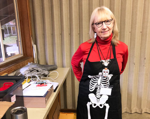 Nancy about to present a Día de los Muertos (Day of the Dead) workshop at the 2018 TAEA Conference.