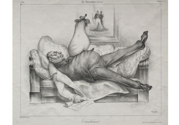 The Nightmare (Le Cauchemar), plate 139 in La Caricature magazine, issue no. 69, February 23, 1832, lithograph on paper, 26 x 33 cm Cleveland Museum public domain image (8s-30245)