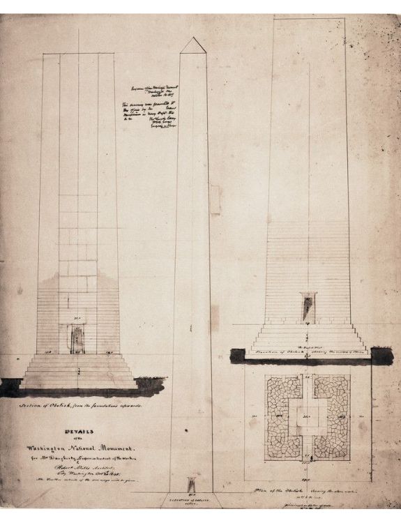 Robert Mills, Details of the Washington Monument for Mr Daugherty, Superintendaen of the Work, Washington, DC, October 24, 1848, ink drawing on paper, 23.8 x 36.6 cm Courtesy of Historic New England, Boston