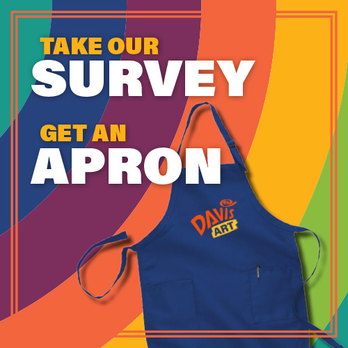 A blue apron on a rainbow background with the words Take Our Survey, Get an Apron for our upcycled art survey.