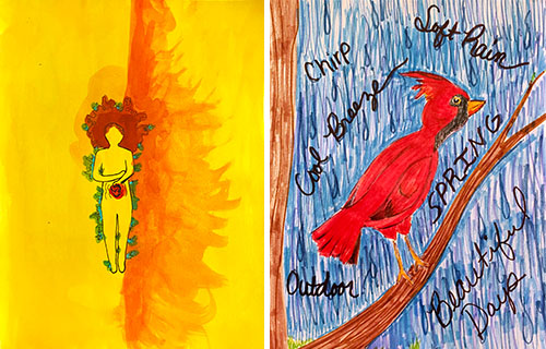 Two student artworks illustrating the five senses, from the article, Mindfulness Meditation: 5-4-3-2-1.